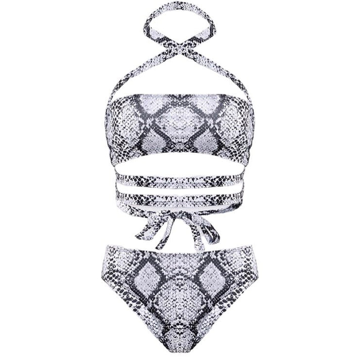 Aliia black and white cross bandage two piece high cut snake print bikini - YA OMRI SWIMWEAR