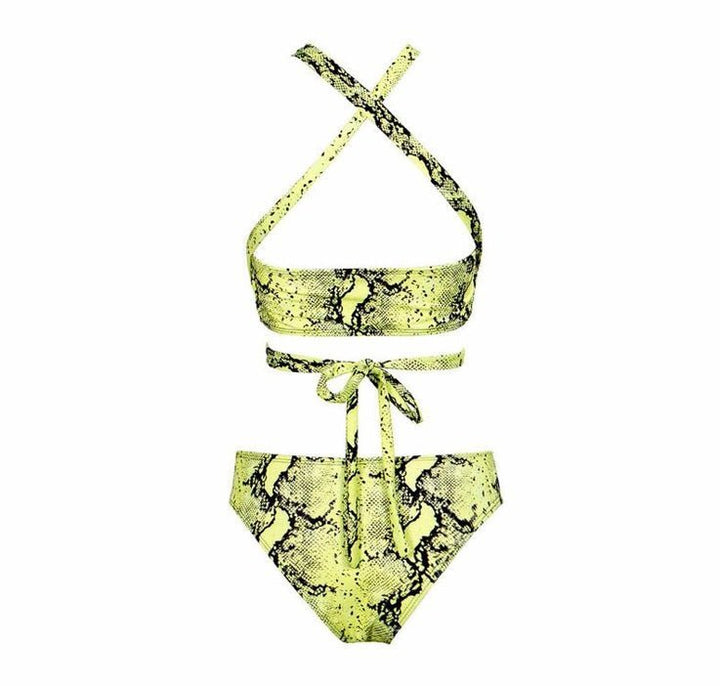 Aliia neon cross bandage two piece high cut snake print bikini - YA OMRI SWIMWEAR