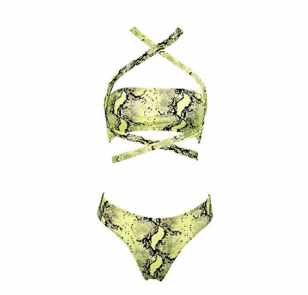 Aliia neon cross bandage two piece high cut snake print bikini - YA OMRI SWIMWEAR