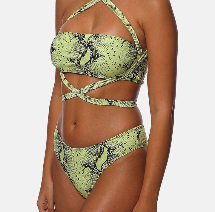 Aliia neon cross bandage two piece high cut snake print bikini - YA OMRI SWIMWEAR