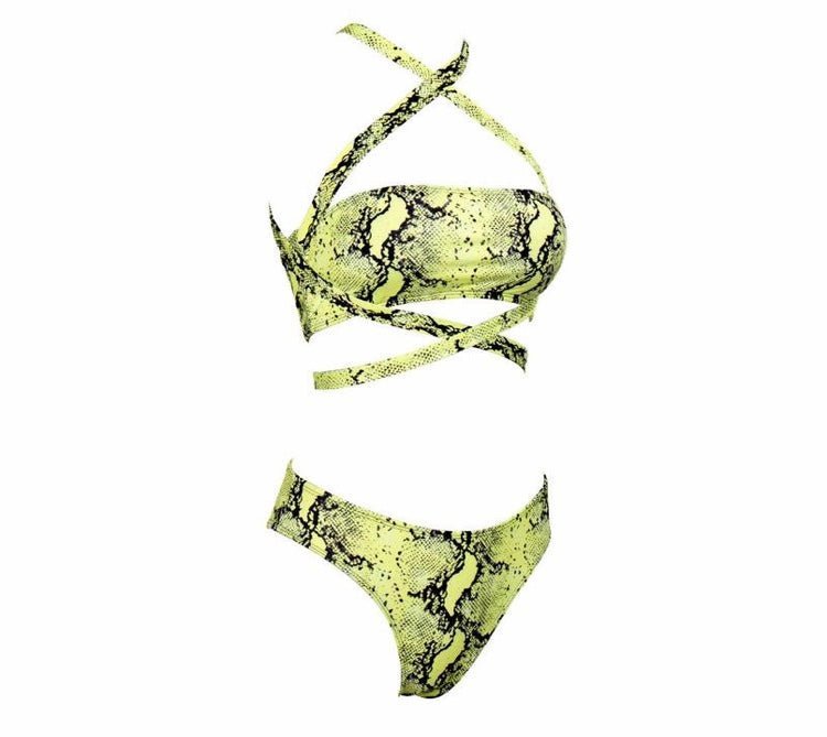 Aliia neon cross bandage two piece high cut snake print bikini